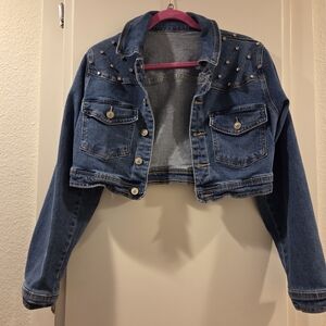 Studded Blue Denim Cropped Jacket